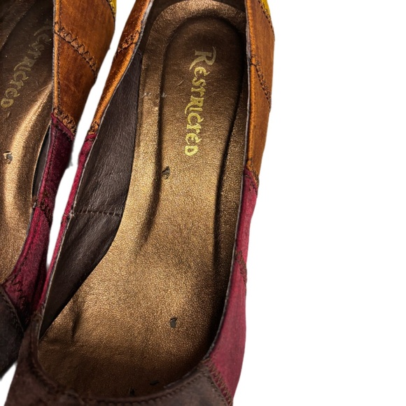 Earth tone Patchwork Pumps Wood Heels Brown Wine Copper Gold Satiny Women’s 8.5 - Picture 3 of 10